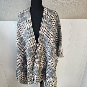 Womens Black Red White Plaid Cape Shawl Poncho One Size 100 Acrylic Preppy S0383